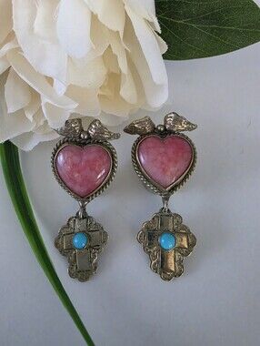 Southwestern Style Heart & Cross Silvertone Clip-On Earrings